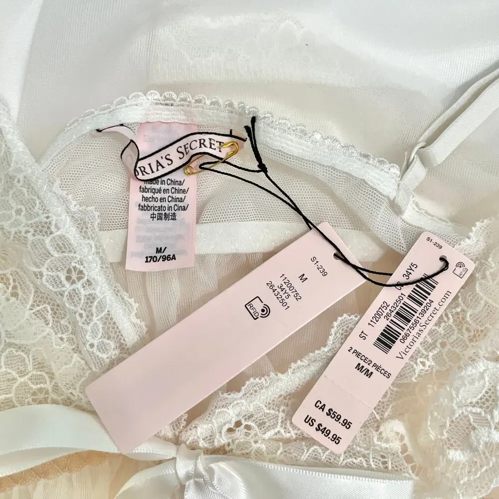 Victorias Secret Womens Babydoll Lingerie Top M White Lace Sheer Coquette NWT